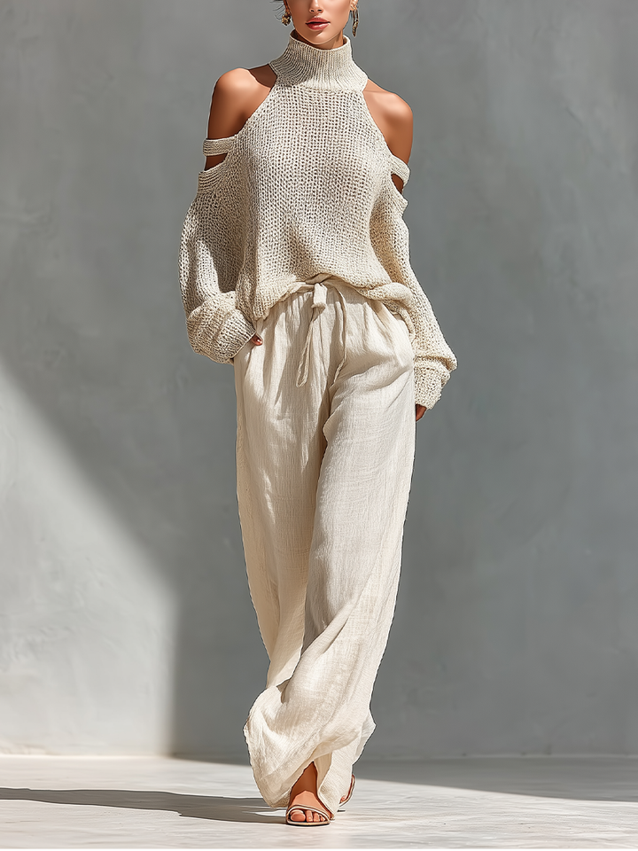 Women’s Two-Piece Set with Cold-Shoulder Top and Wide-Leg Pants