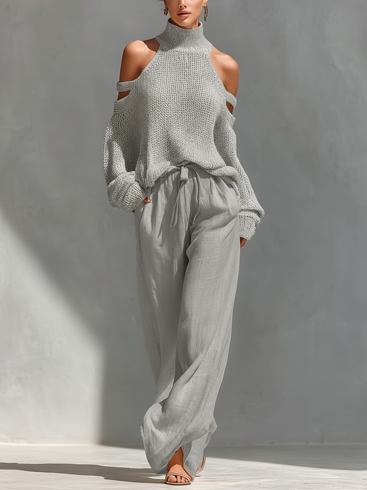 Women’s Two-Piece Set with Cold-Shoulder Top and Wide-Leg Pants