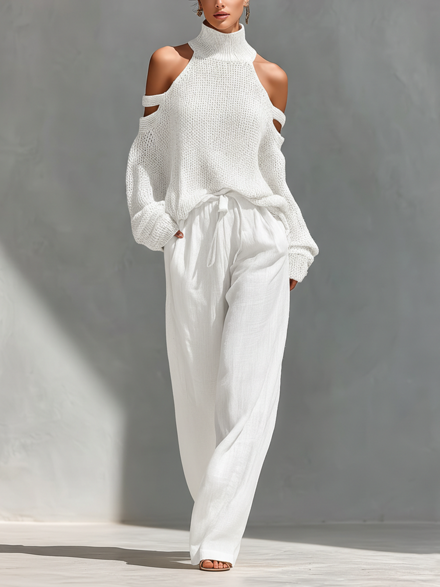 Women’s Two-Piece Set with Cold-Shoulder Top and Wide-Leg Pants