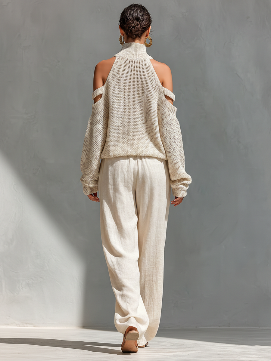 Women’s Two-Piece Set with Cold-Shoulder Top and Wide-Leg Pants