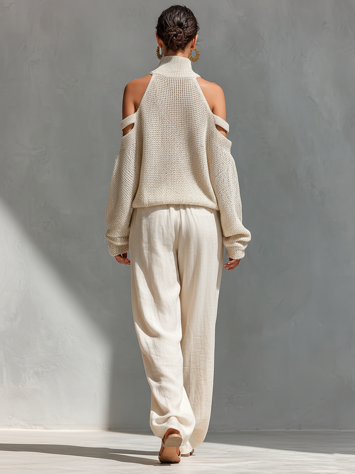 Women’s Two-Piece Set with Cold-Shoulder Top and Wide-Leg Pants