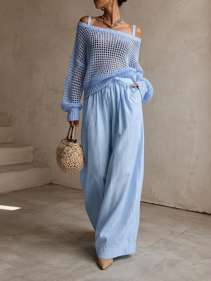 Women’s Two-Piece Set with Long-Sleeve Top and Wide-Leg Pants