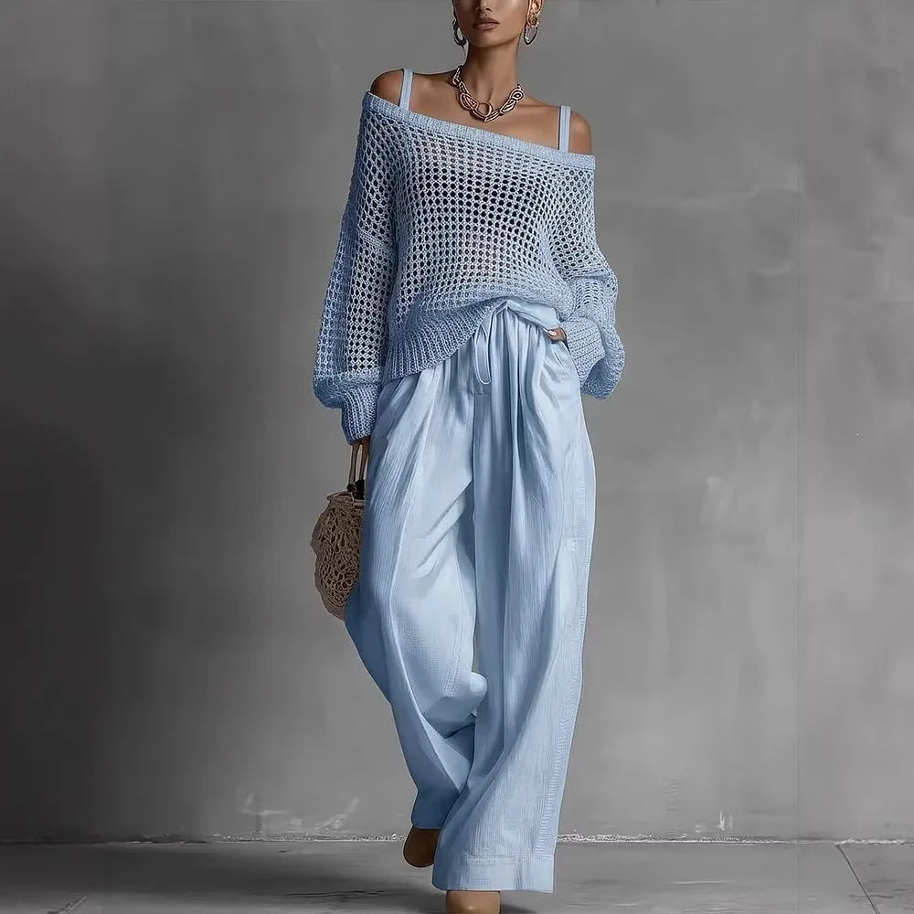 Women’s Two-Piece Set with Long-Sleeve Top and Wide-Leg Pants