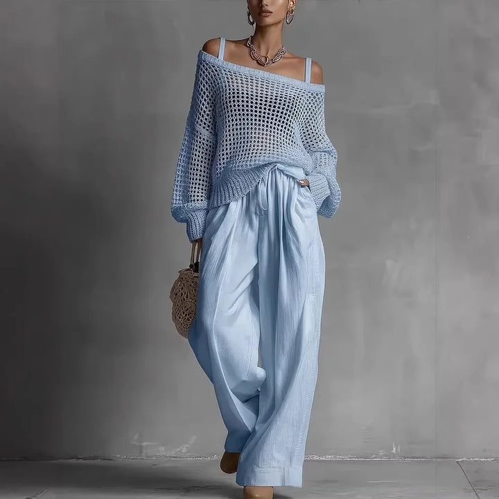 Women’s Two-Piece Set with Long-Sleeve Top and Wide-Leg Pants