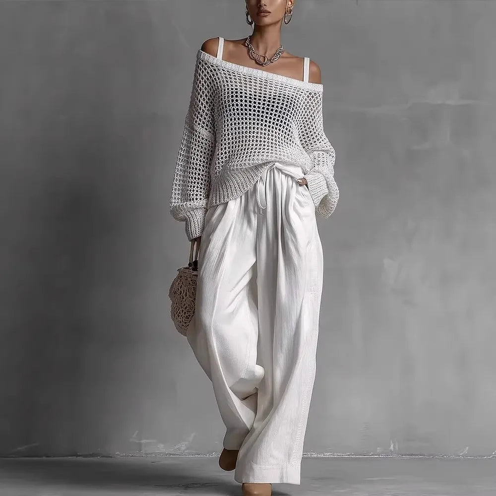 Women’s Two-Piece Set with Long-Sleeve Top and Wide-Leg Pants