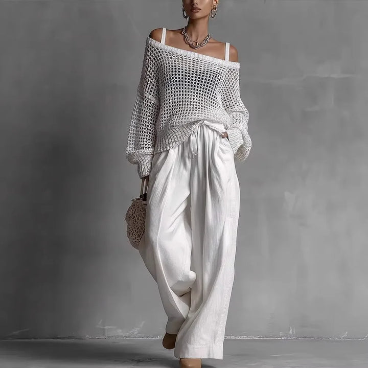 Women’s Two-Piece Set with Long-Sleeve Top and Wide-Leg Pants