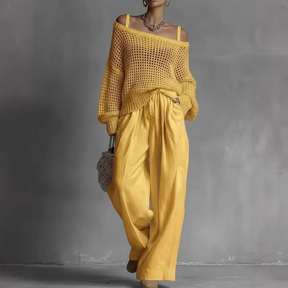 Women’s Two-Piece Set with Long-Sleeve Top and Wide-Leg Pants