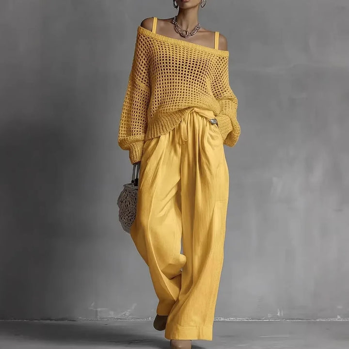 Women’s Two-Piece Set with Long-Sleeve Top and Wide-Leg Pants
