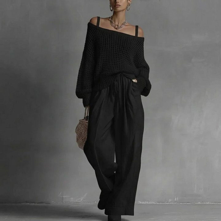 Women’s Two-Piece Set with Long-Sleeve Top and Wide-Leg Pants
