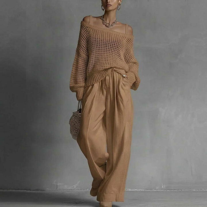Women’s Two-Piece Set with Long-Sleeve Top and Wide-Leg Pants