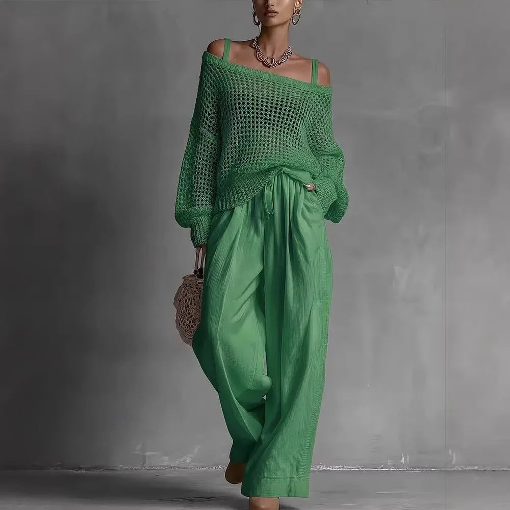 Women’s Two-Piece Set with Long-Sleeve Top and Wide-Leg Pants