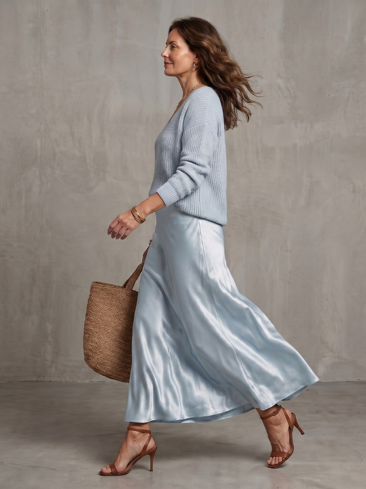 Side view of jumper and bias skirt