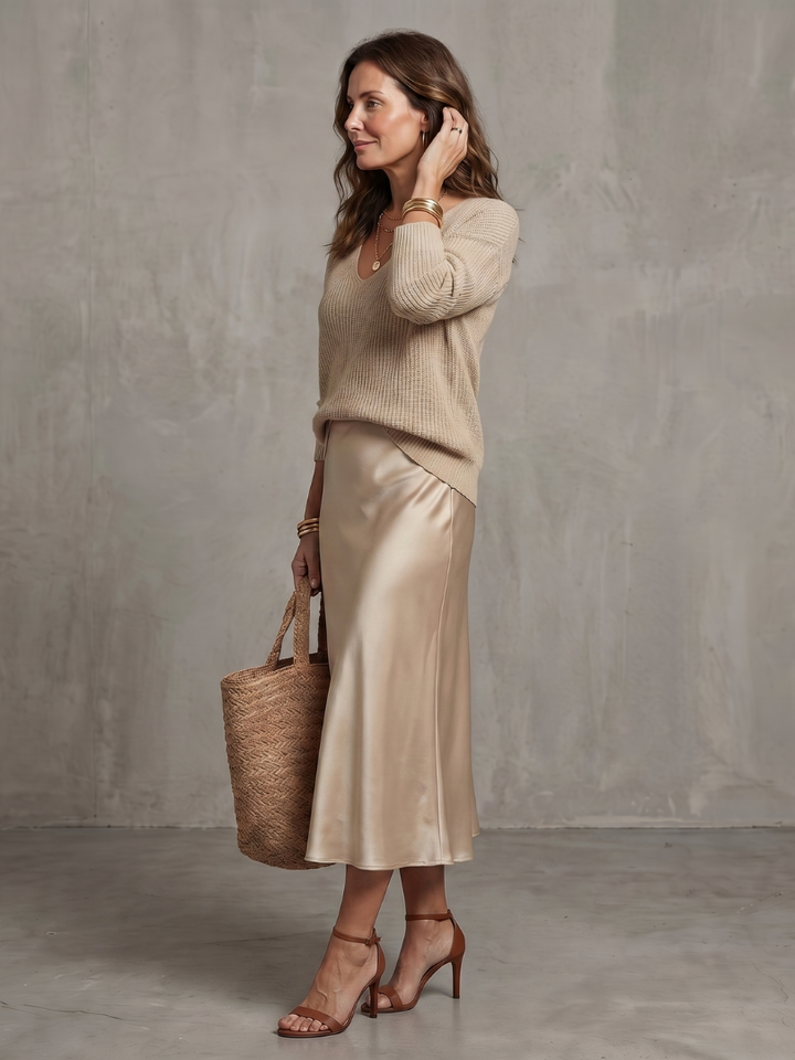 Side view of jumper and bias skirt