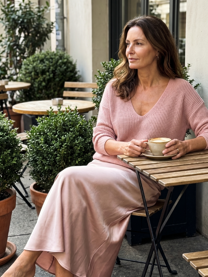 Front view of v-neckline and long sleeves