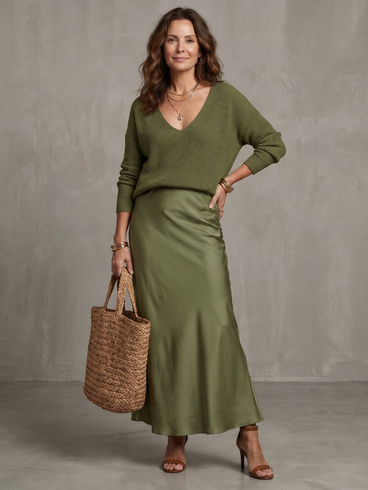 Front view of v-neckline and long sleeves, green