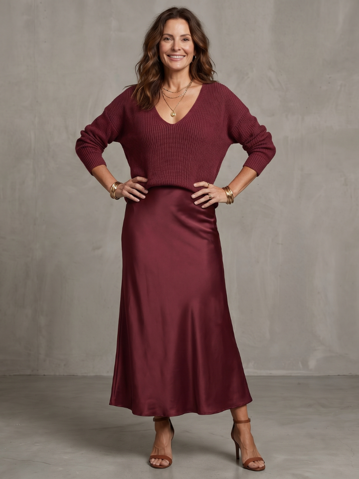 Front view of v-neckline and long sleeves, burgundy