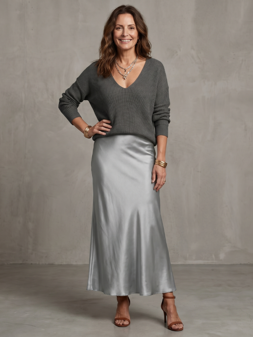 Front view of v-neckline and long sleeves, grey