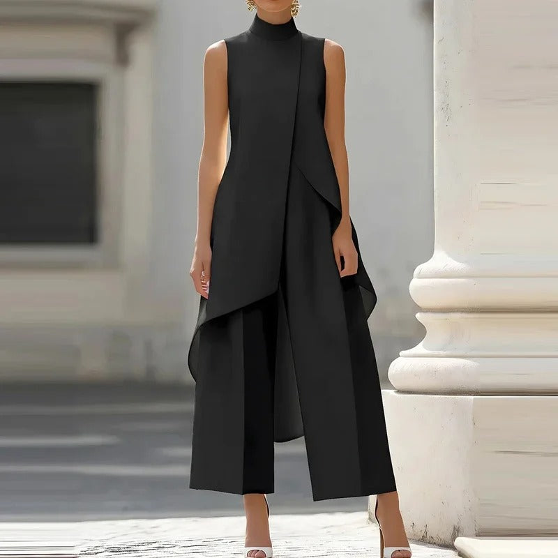Women’s Two-Piece Set with Mock Neck Top and Wide-Leg Pants
