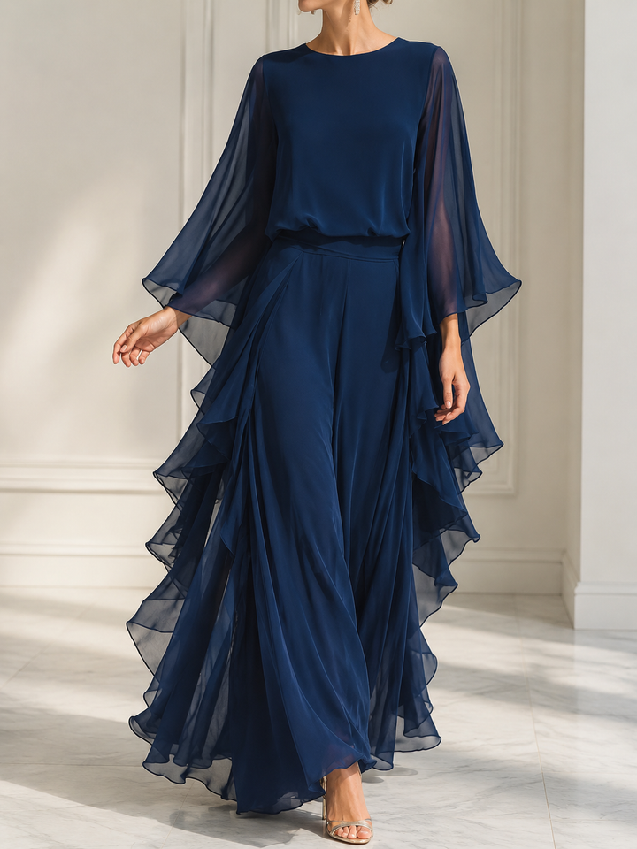 Women’s Two-Piece Set with Round Neck Top and Layered Wide-Leg Pants