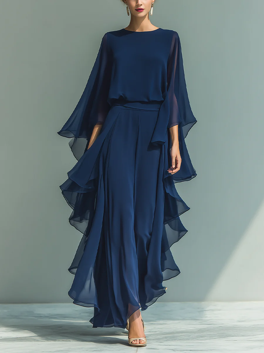 Women’s Two-Piece Set with Round Neck Top and Layered Wide-Leg Pants