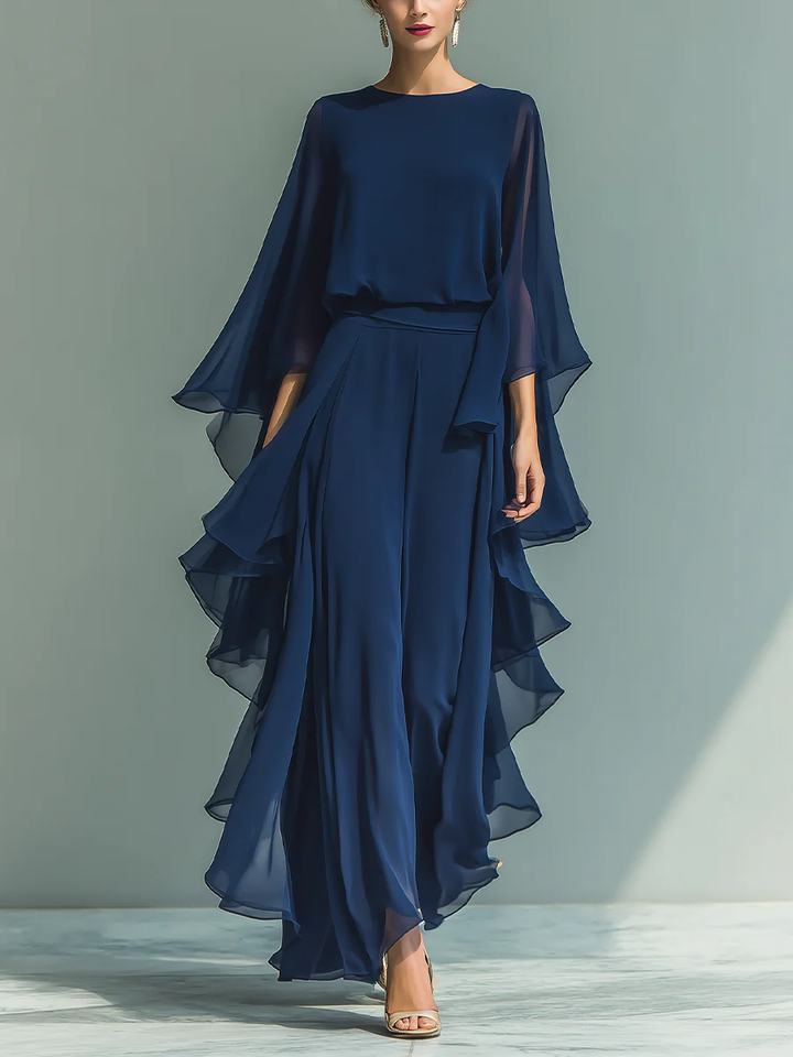 Women’s Two-Piece Set with Round Neck Top and Layered Wide-Leg Pants