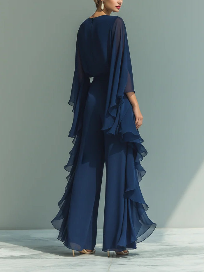 Women’s Two-Piece Set with Round Neck Top and Layered Wide-Leg Pants