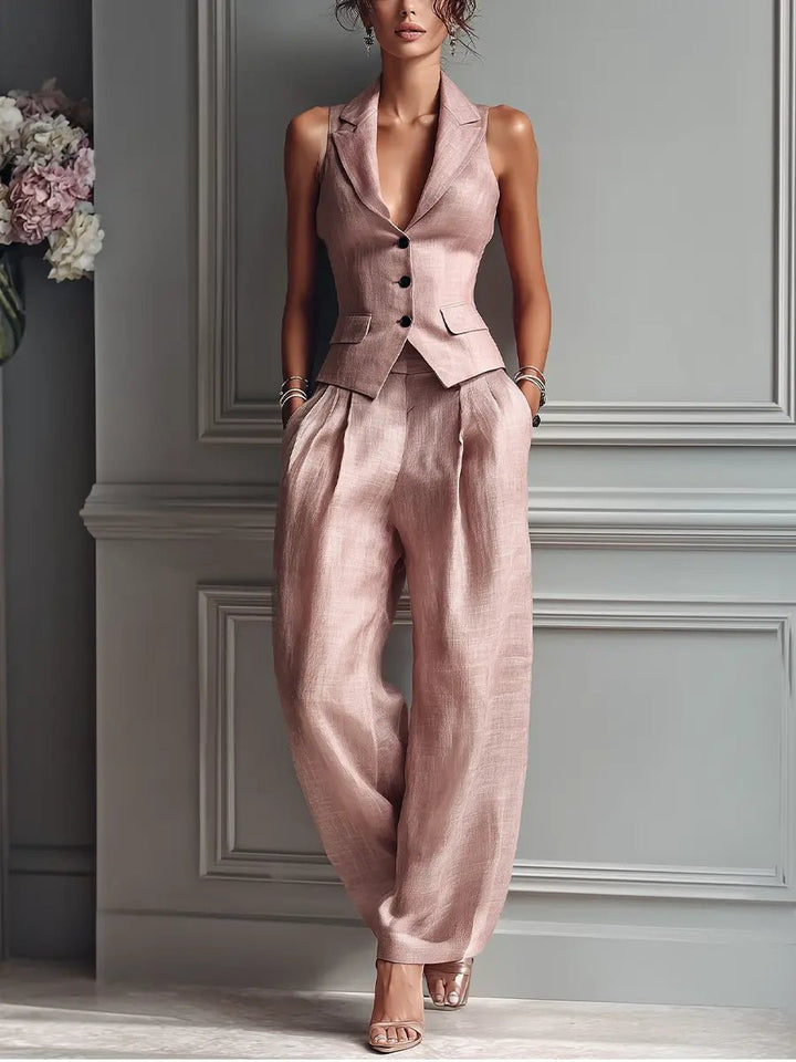 Women’s Two-Piece Set with Sleeveless Button Vest and Wide-Leg Pants