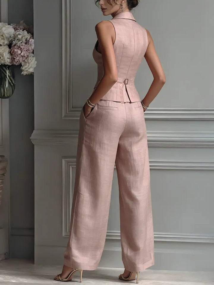 Women’s Two-Piece Set with Sleeveless Button Vest and Wide-Leg Pants