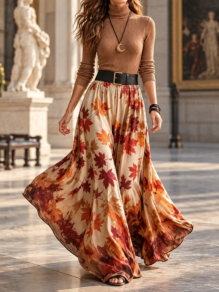 Women’s Two-Piece Set with Turtleneck Top and Printed Maxi Skirt
