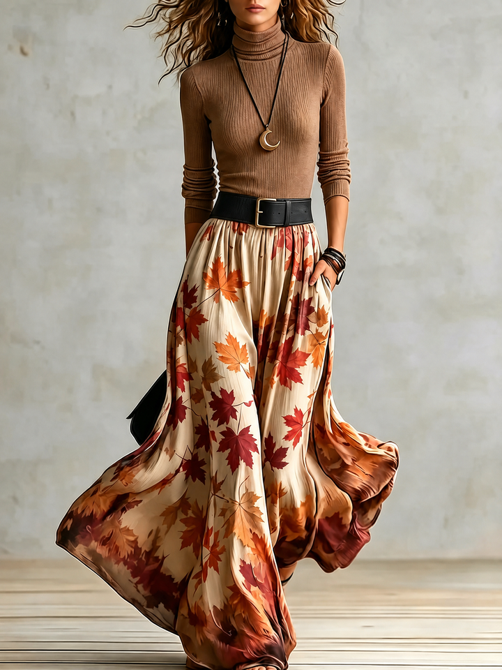 Women’s Two-Piece Set with Turtleneck Top and Printed Maxi Skirt