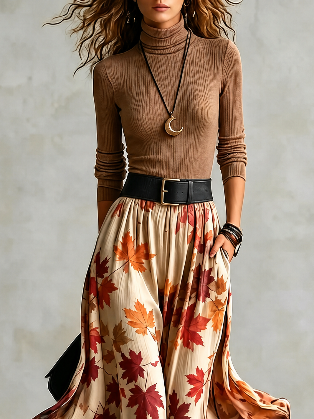Women’s Two-Piece Set with Turtleneck Top and Printed Maxi Skirt