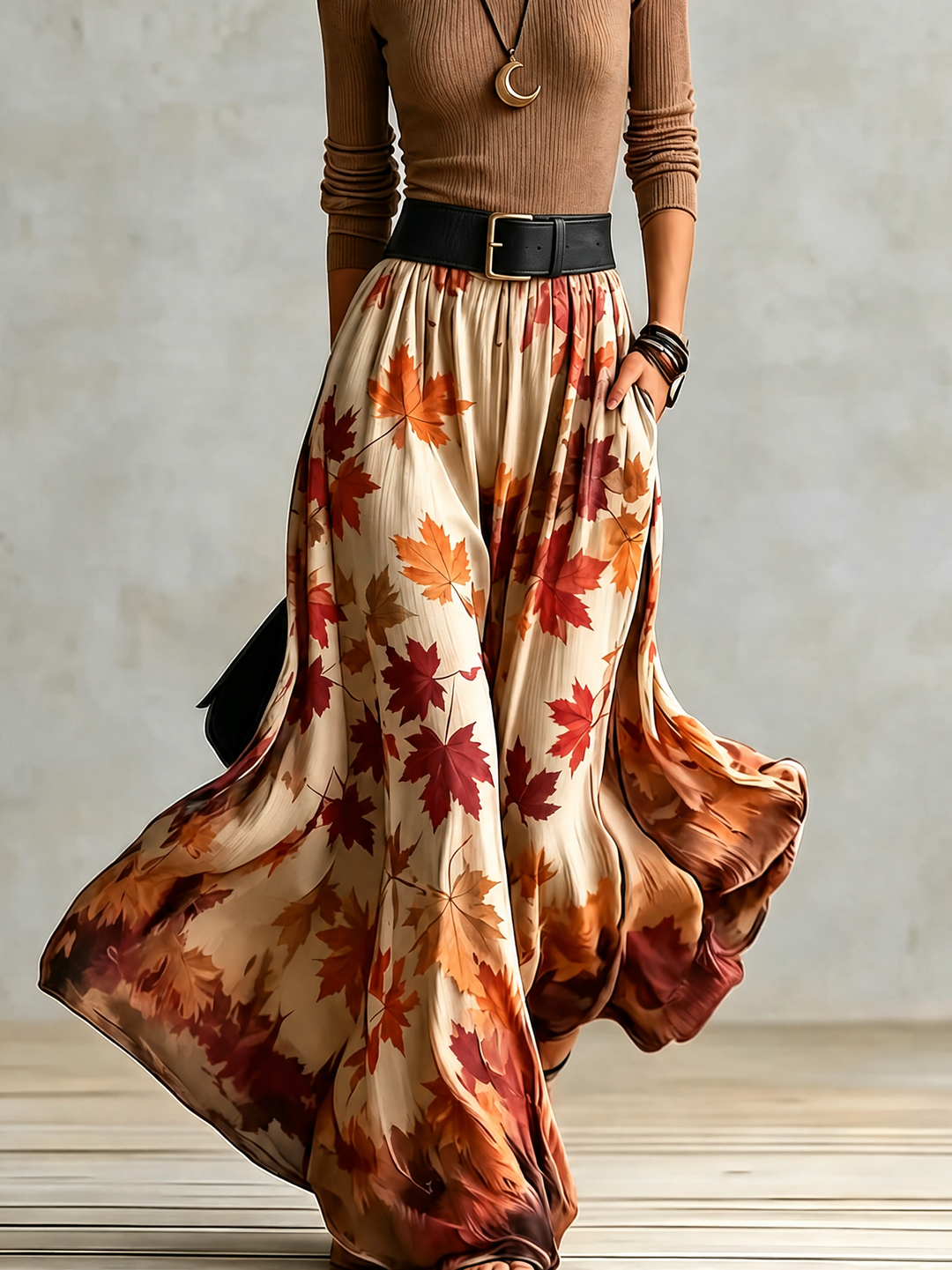 Women’s Two-Piece Set with Turtleneck Top and Printed Maxi Skirt