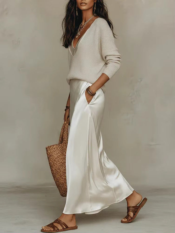 Women’s Two-Piece Set with V-Neck Dress and Long Sleeve Top
