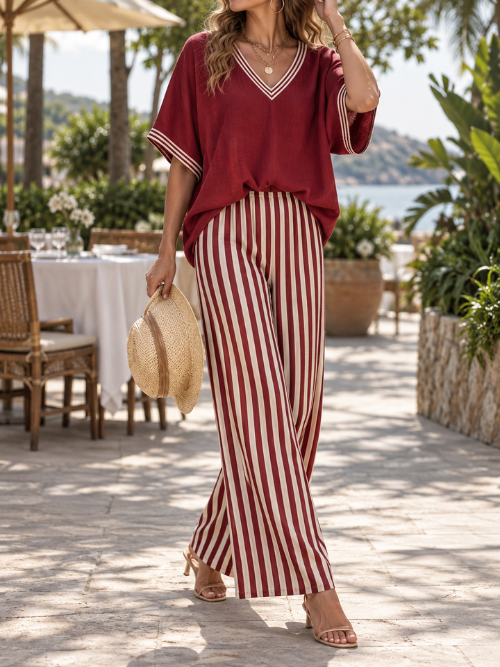 Women’s Two-Piece Set with V-Neck Top and Wide-Leg Pants