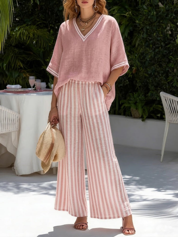 Women’s Two-Piece Set with V-Neck Top and Wide-Leg Pants