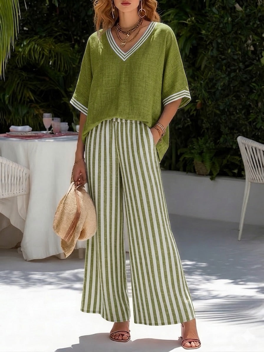 Women’s Two-Piece Set with V-Neck Top and Wide-Leg Pants