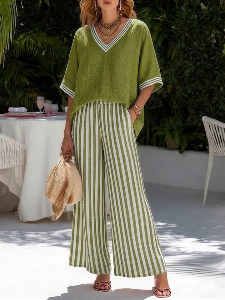 Women’s Two-Piece Set with V-Neck Top and Wide-Leg Pants