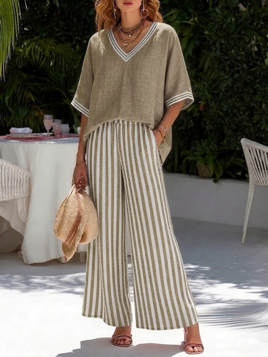 Women’s Two-Piece Set with V-Neck Top and Wide-Leg Pants