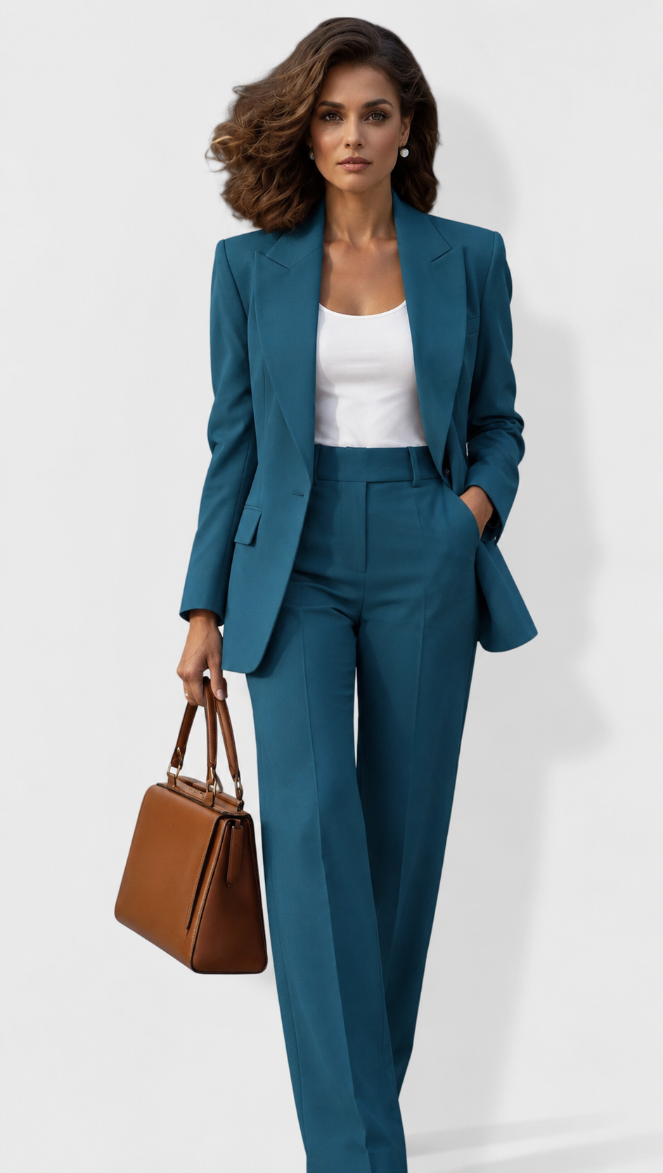 Front view showing lapels, long sleeves and flap pockets with straight-leg trousers, blue green