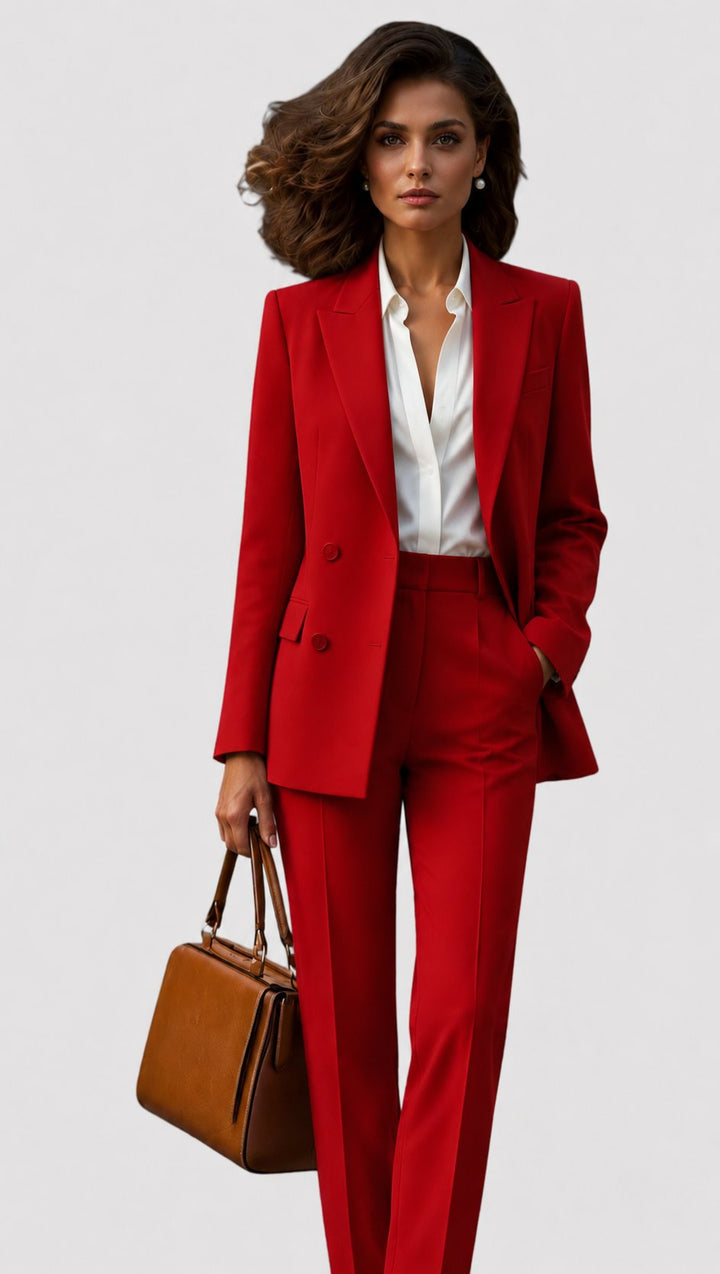 Front view showing lapels with button closure and straight-leg trousers, red