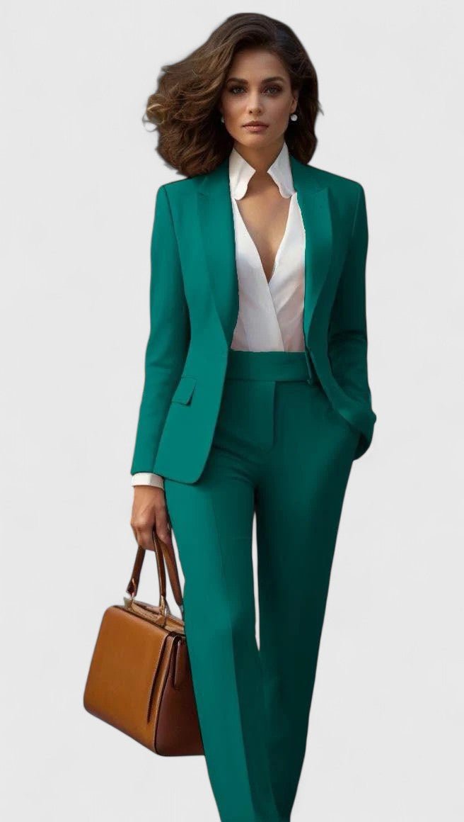 Front view showing lapels and flap pockets with straight legs, green