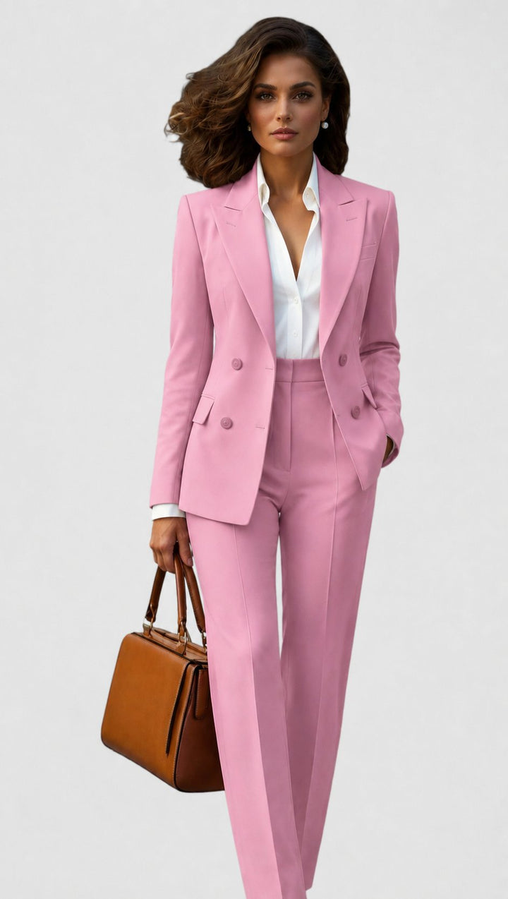 Front view showing lapels, button closure and flap pockets, pink
