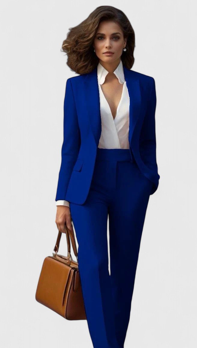 Front view showing lapels, long sleeves and straight-leg trousers, blue