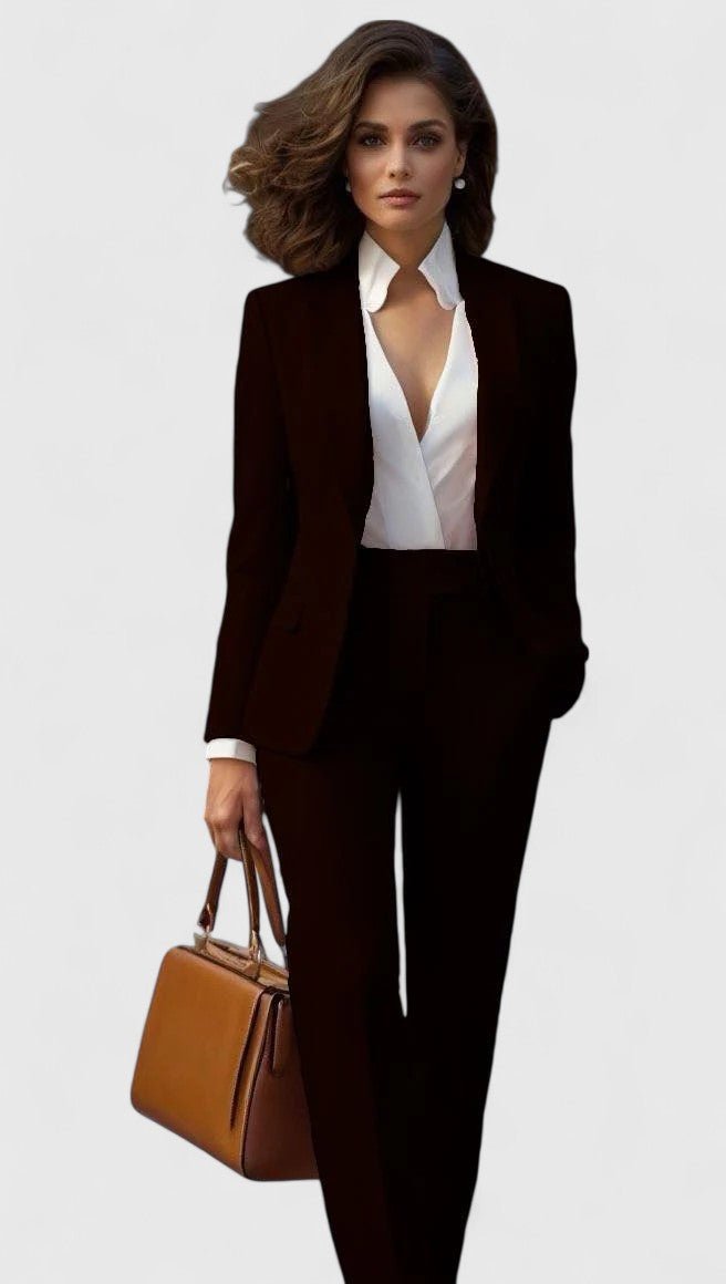 Front view showing lapels, long sleeves and straight-leg trousers, black