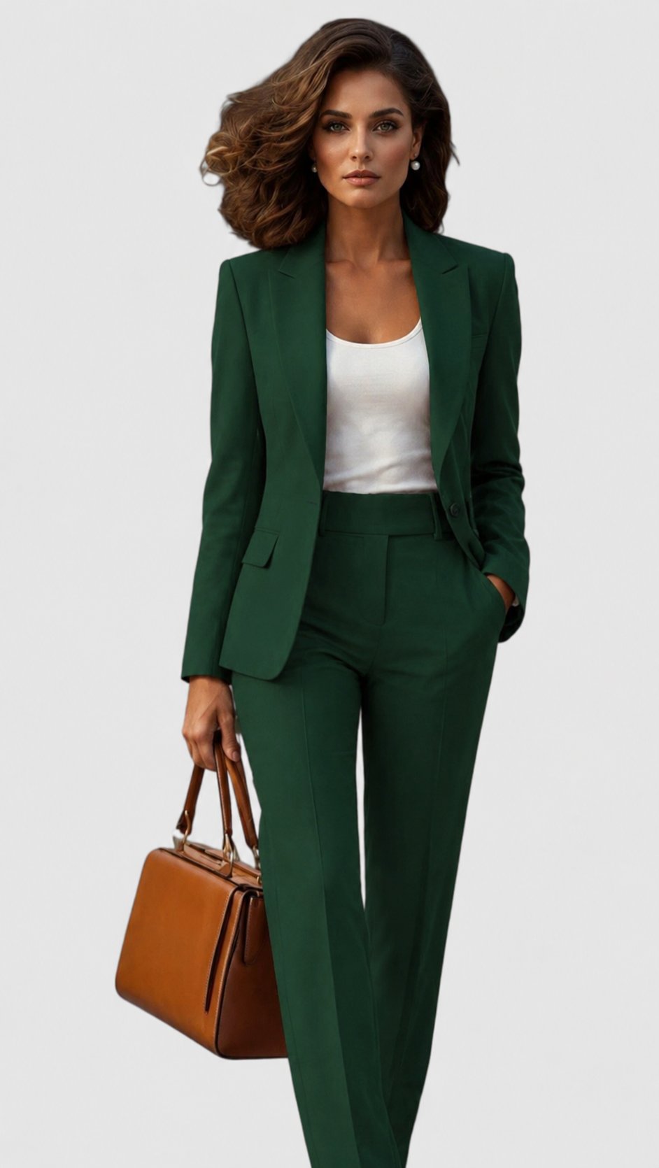 Front view showing lapels, long sleeves and straight-leg trousers, dark green