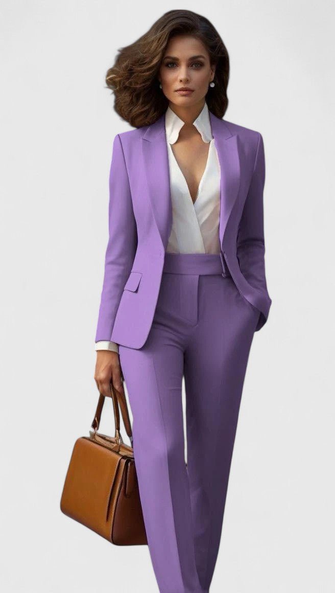 Front view showing lapels, flap pockets and banded waist, lilac