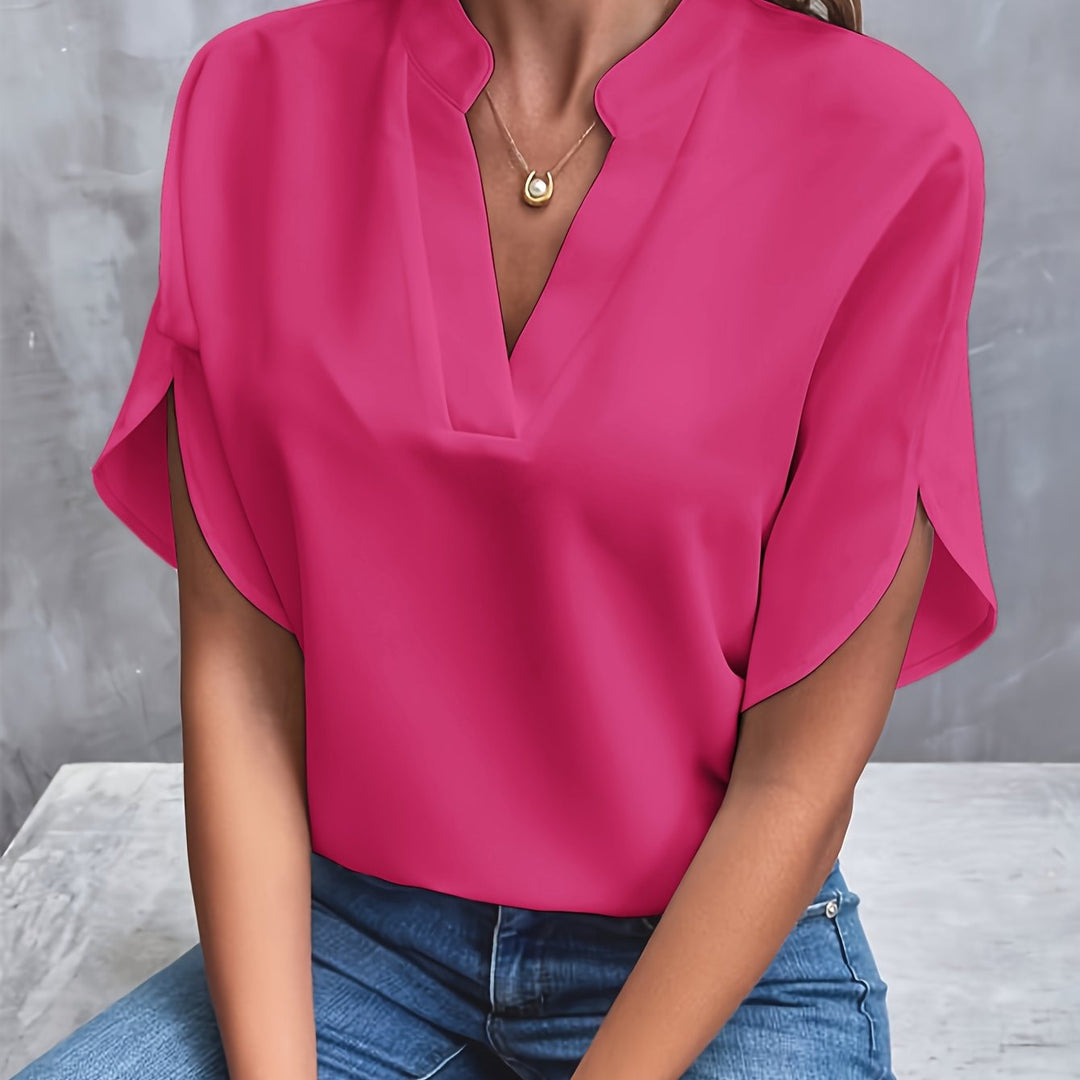 Front view showing v-neckline and split sleeves, pink