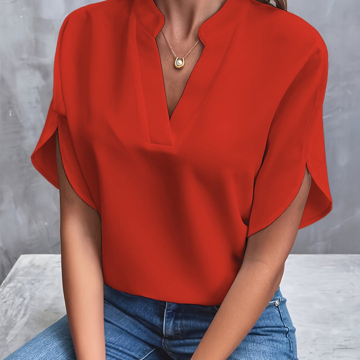 Front view showing v-neckline and short sleeves, red