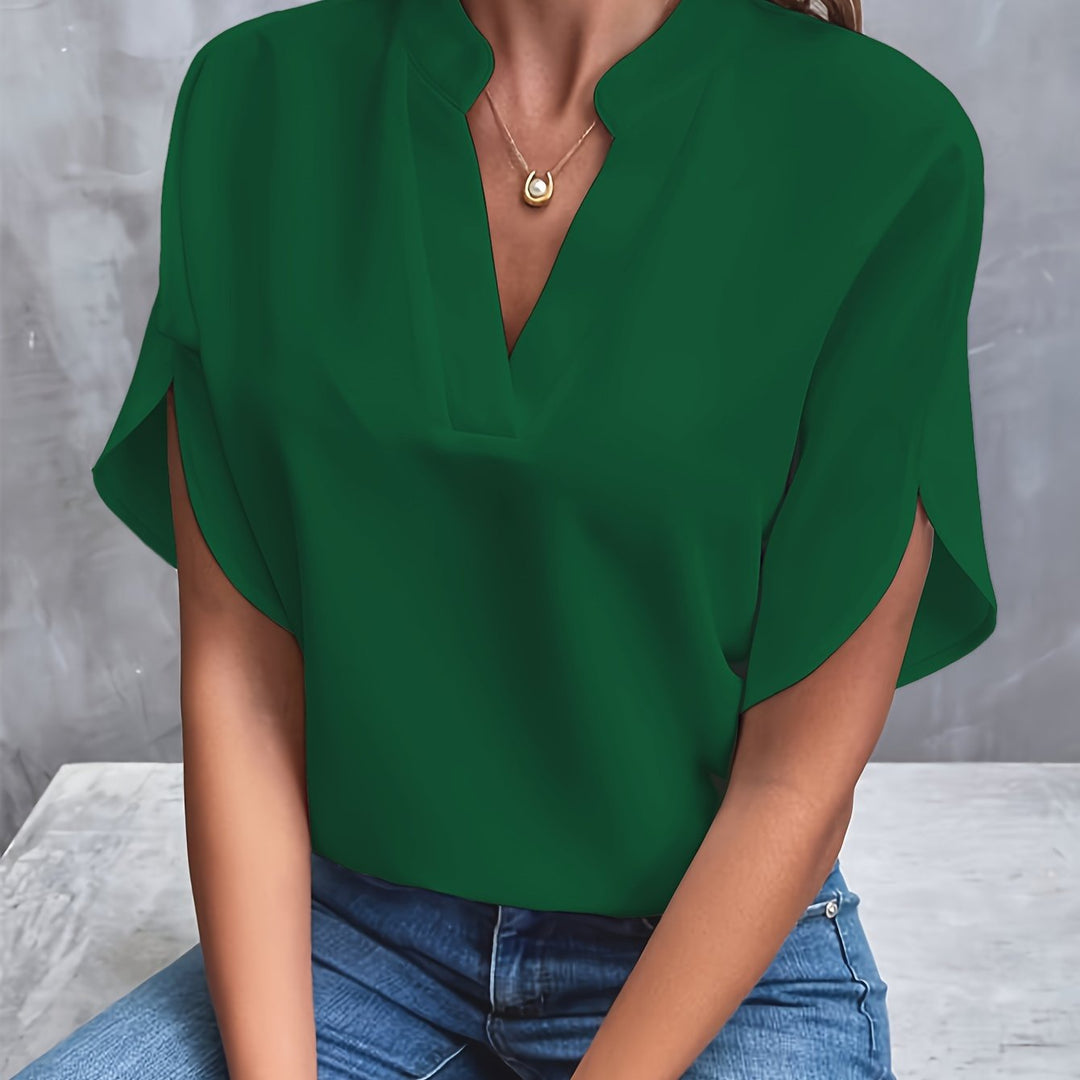 Front view showing v-neckline and short sleeves, green