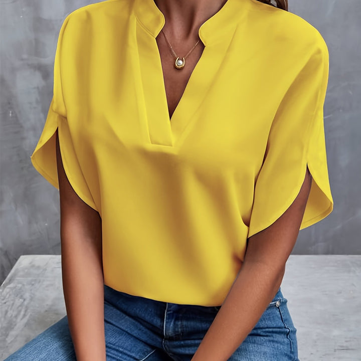 Front view showing v-neckline and short sleeves, yellow
